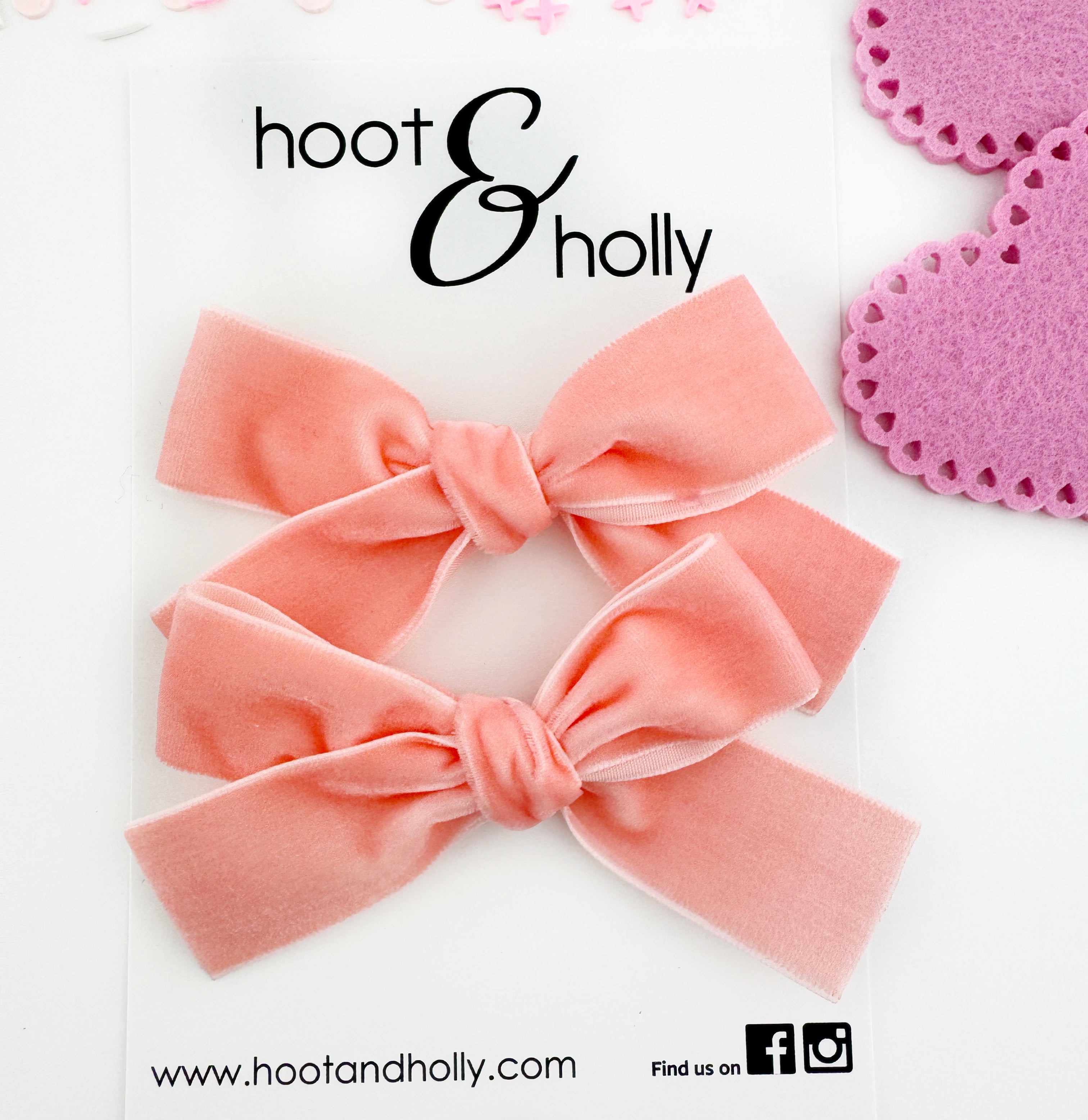 Velvet Bows - Pigtail Set - Coral Pink