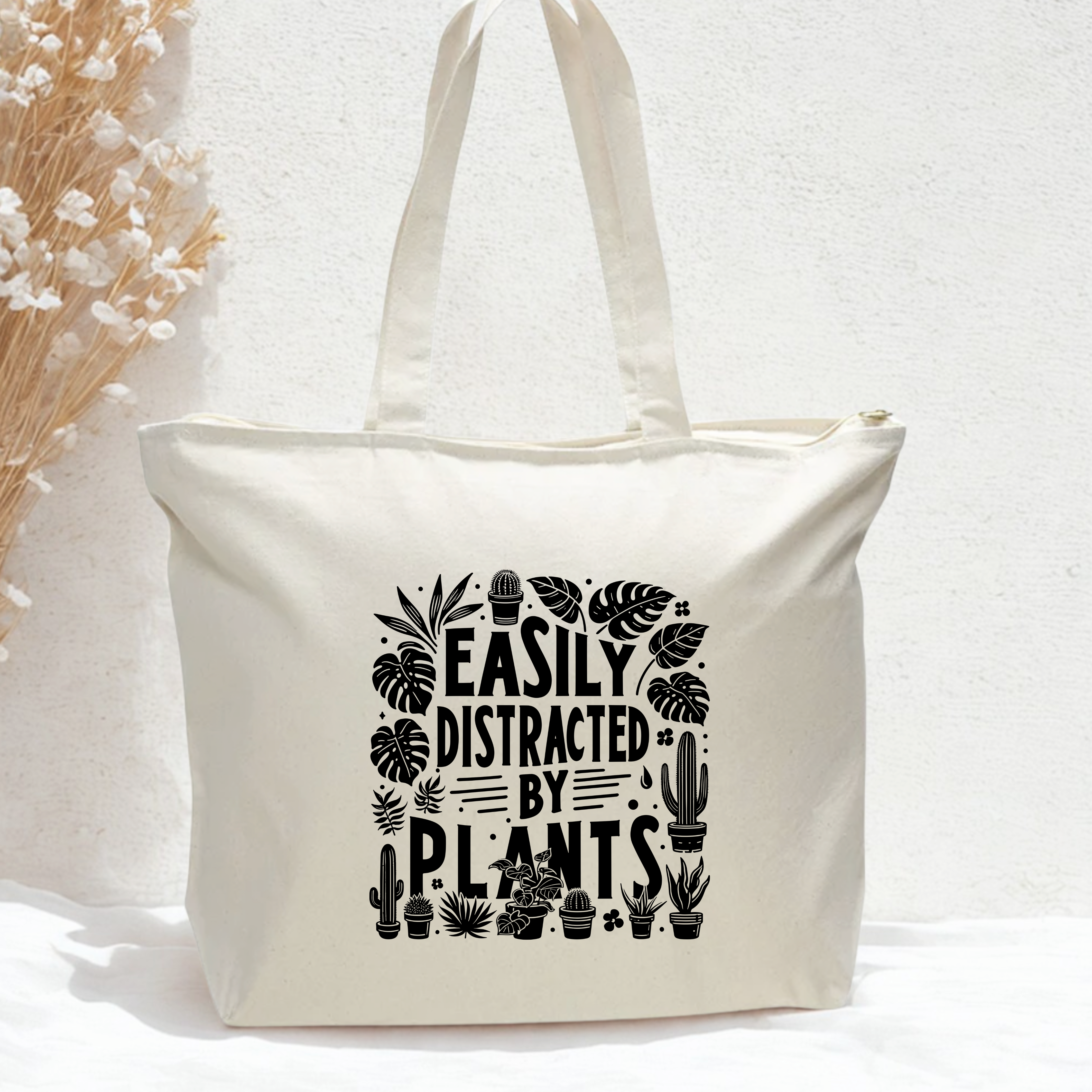 Distracted By Plants - Oversized Zippered Tote Bag
