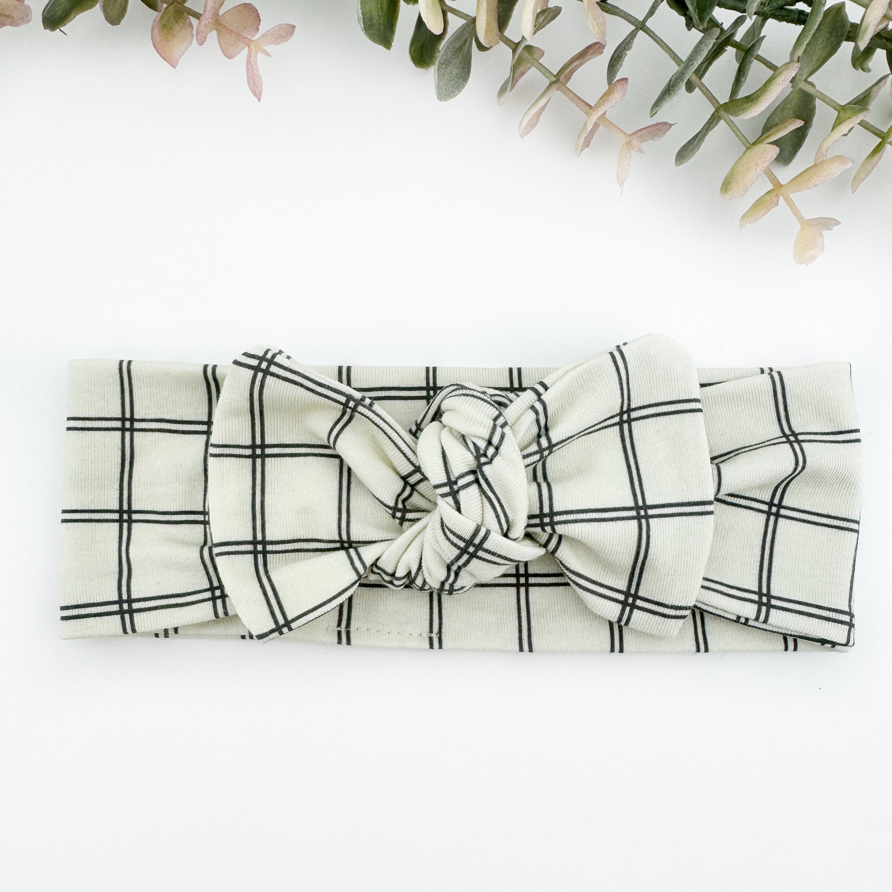 Top Knot Headband -  Black and Ivory Plaid