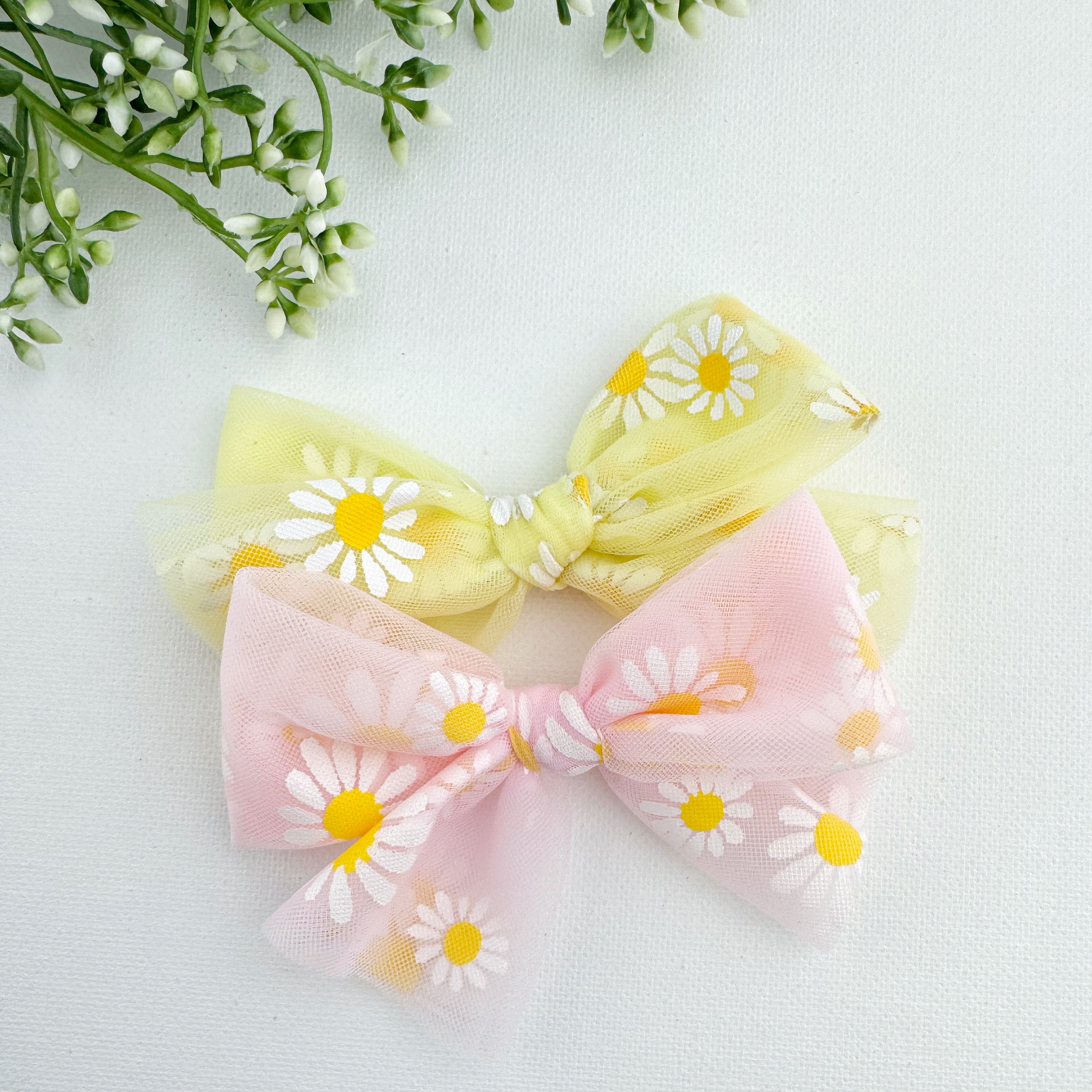 Pink and Yellow Daisy Tulle Hand Tied Hair Bow