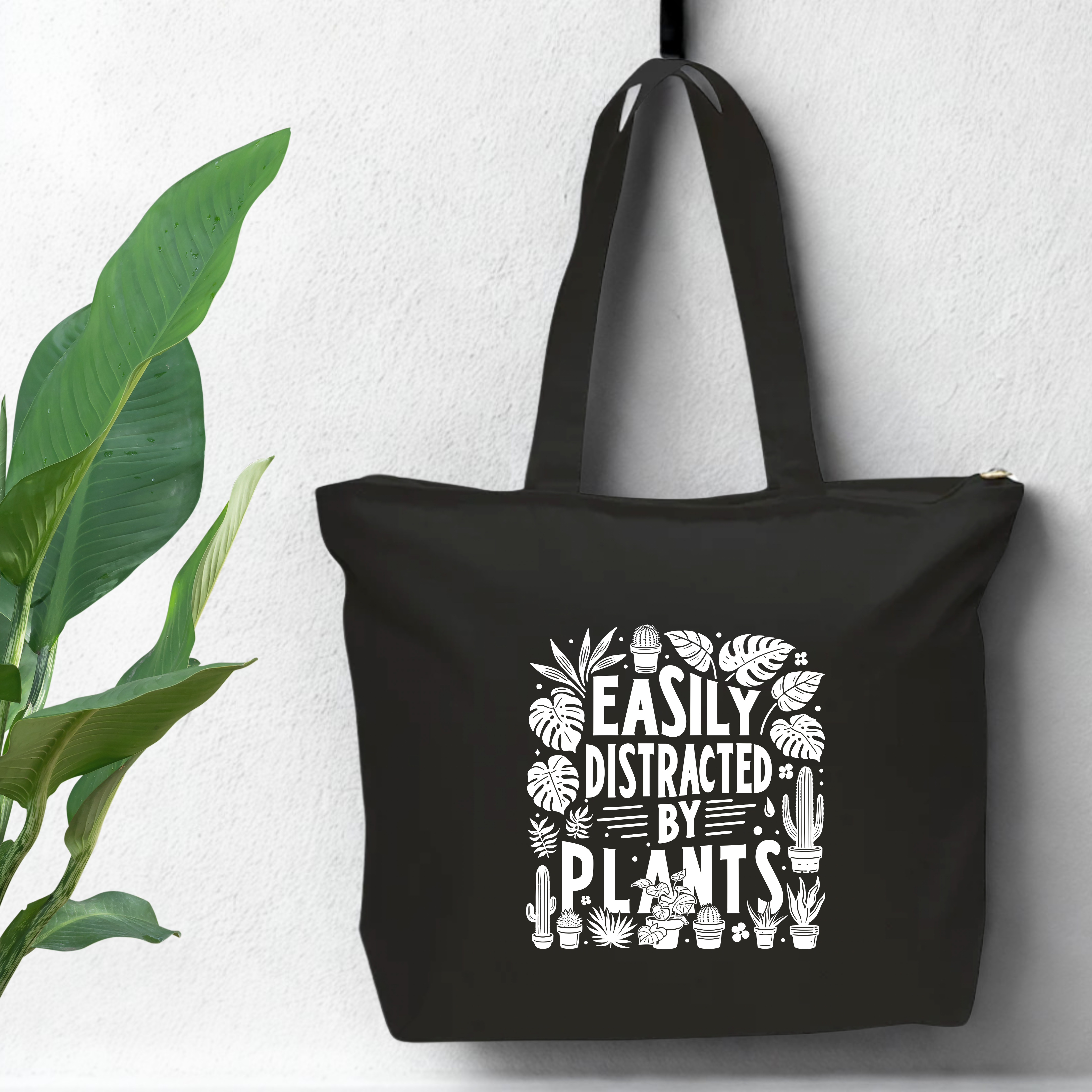 Distracted By Plants - Oversized Zippered Tote Bag