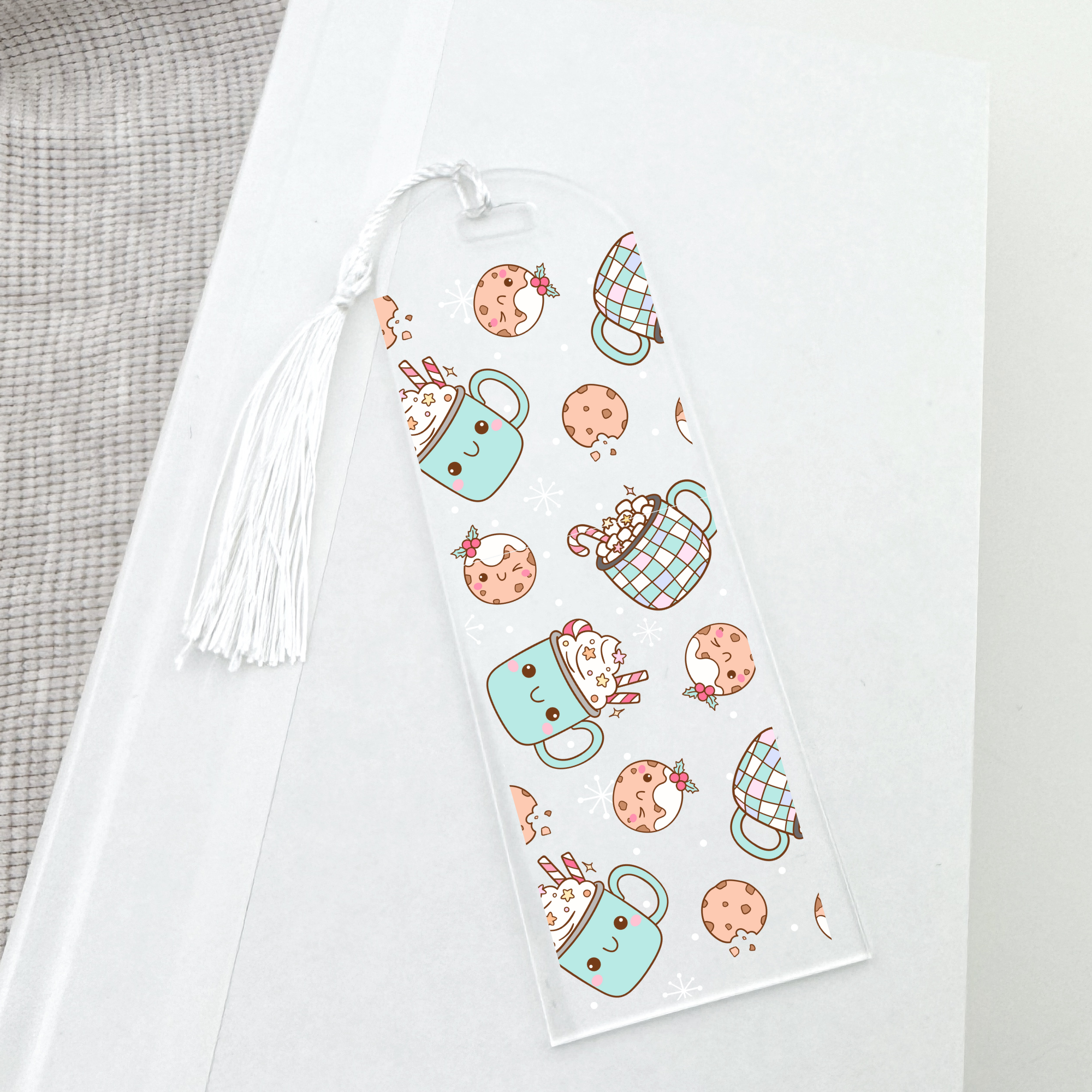 Acrylic bookmark with cute hot cocoa design and white tassel
