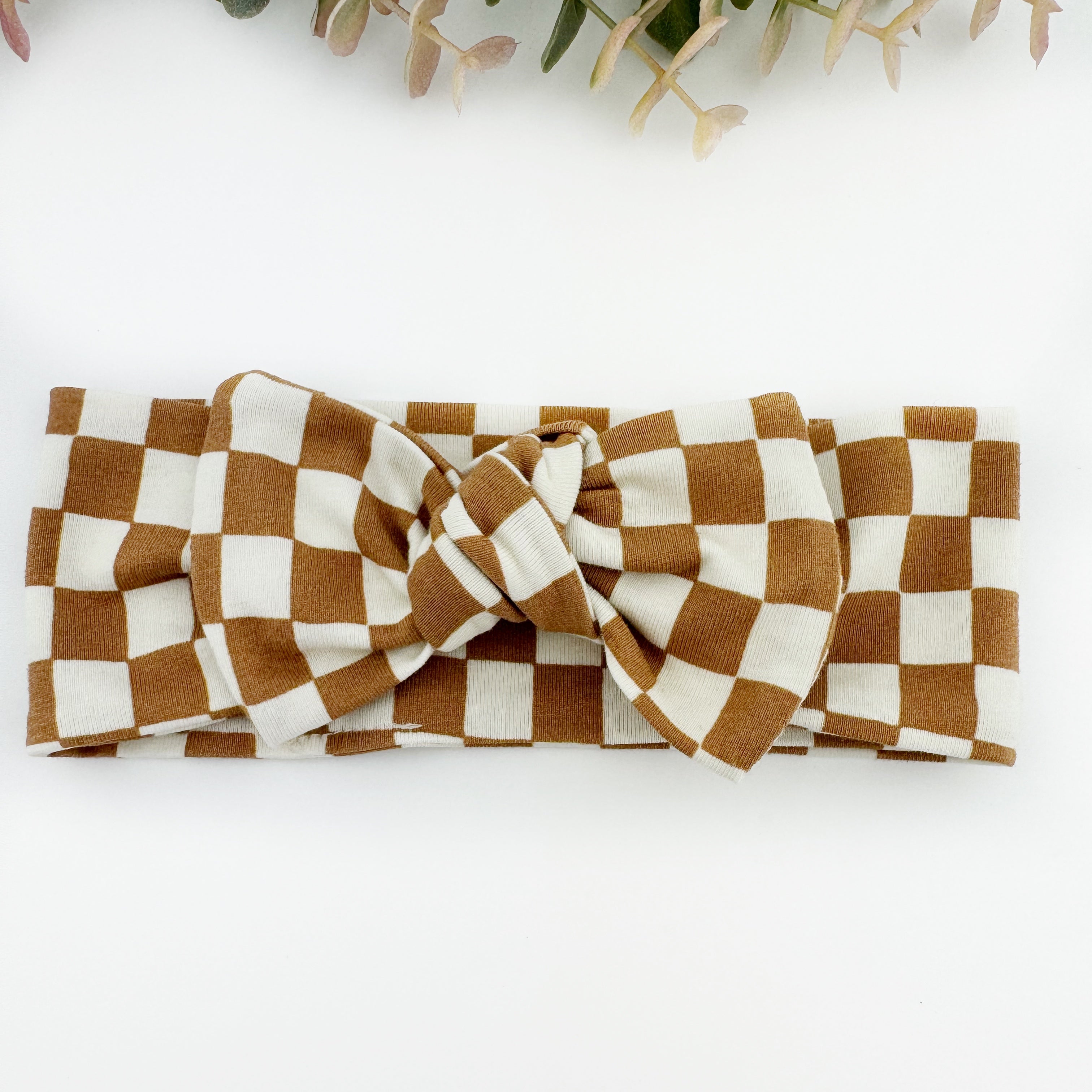 Top Knot Headband - Copper Brown Checkers - NEWBORN TO ADULT