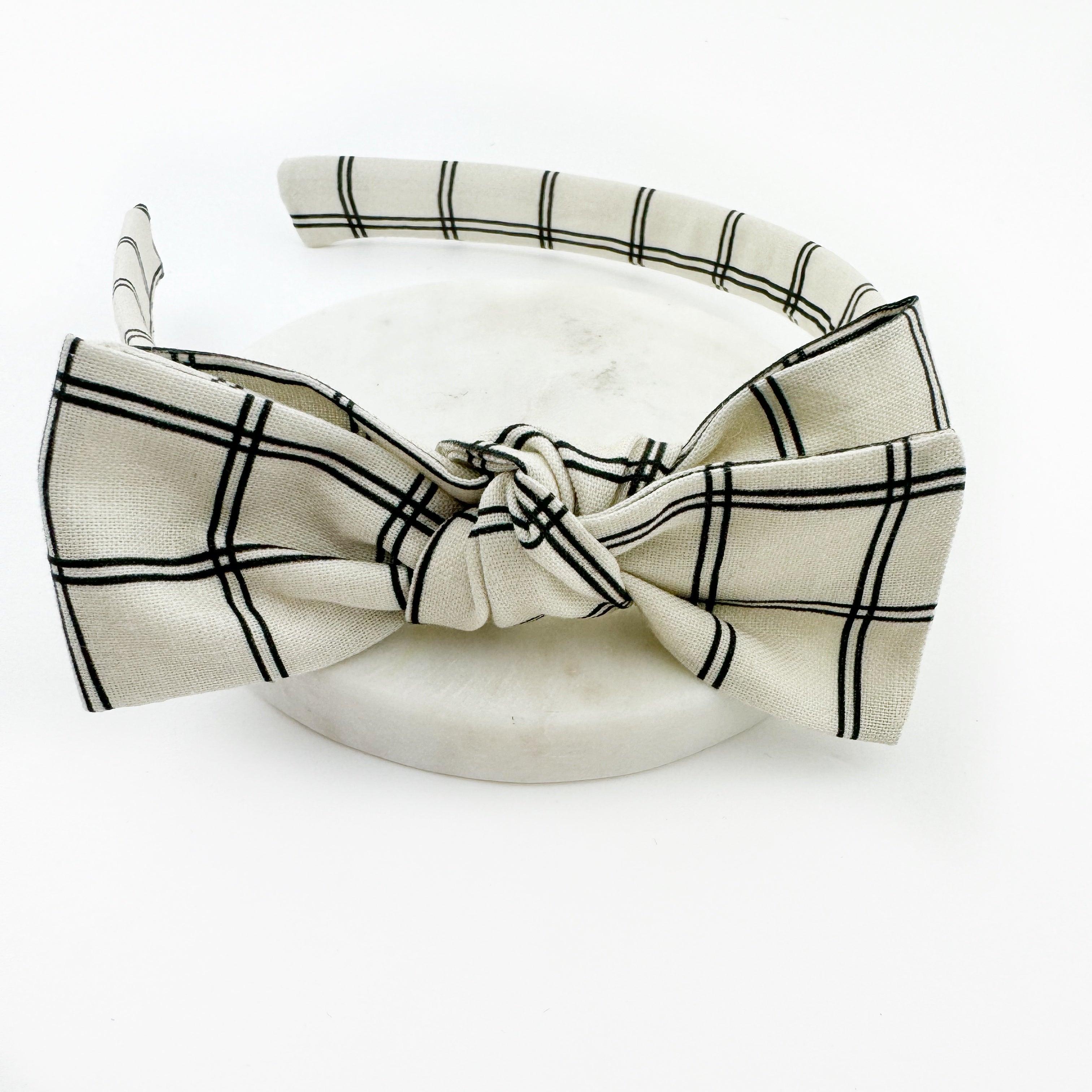 Paris Bow Headband - Ivory and Black Plaid