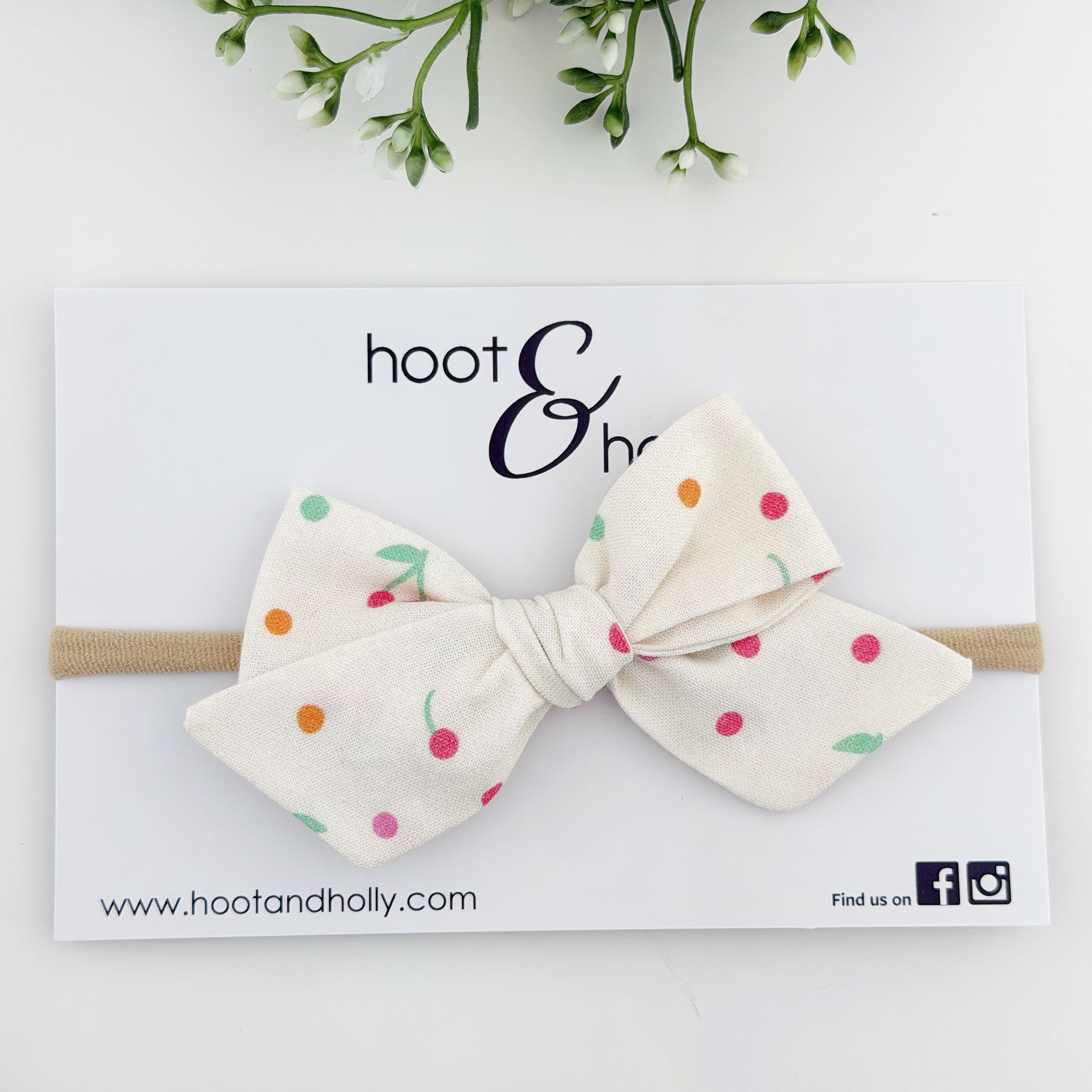 Cherry and colorful polka dot hair bow, hand tied hair bow on nylon headband for baby.