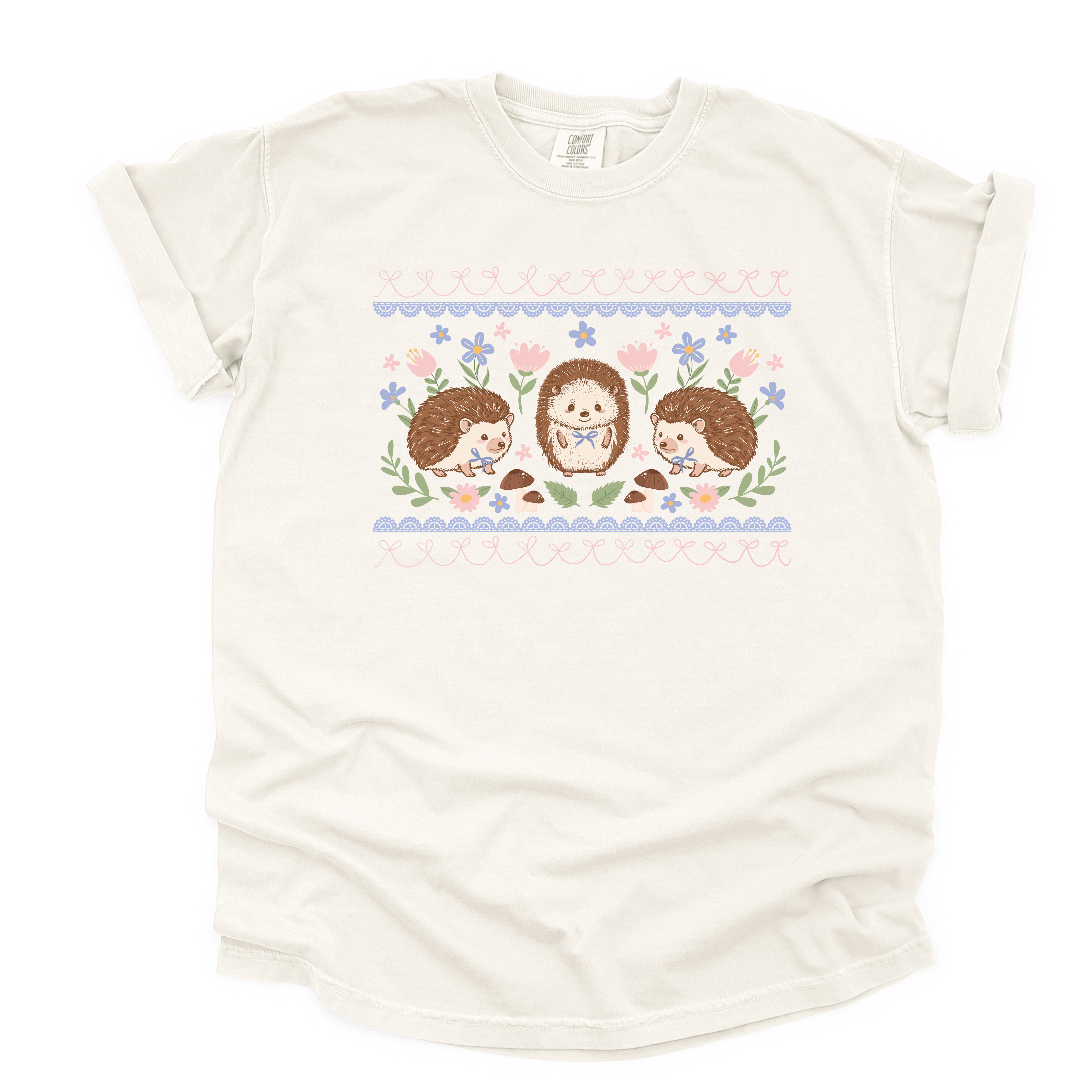 White t-shirt with hedgehog design on a white background