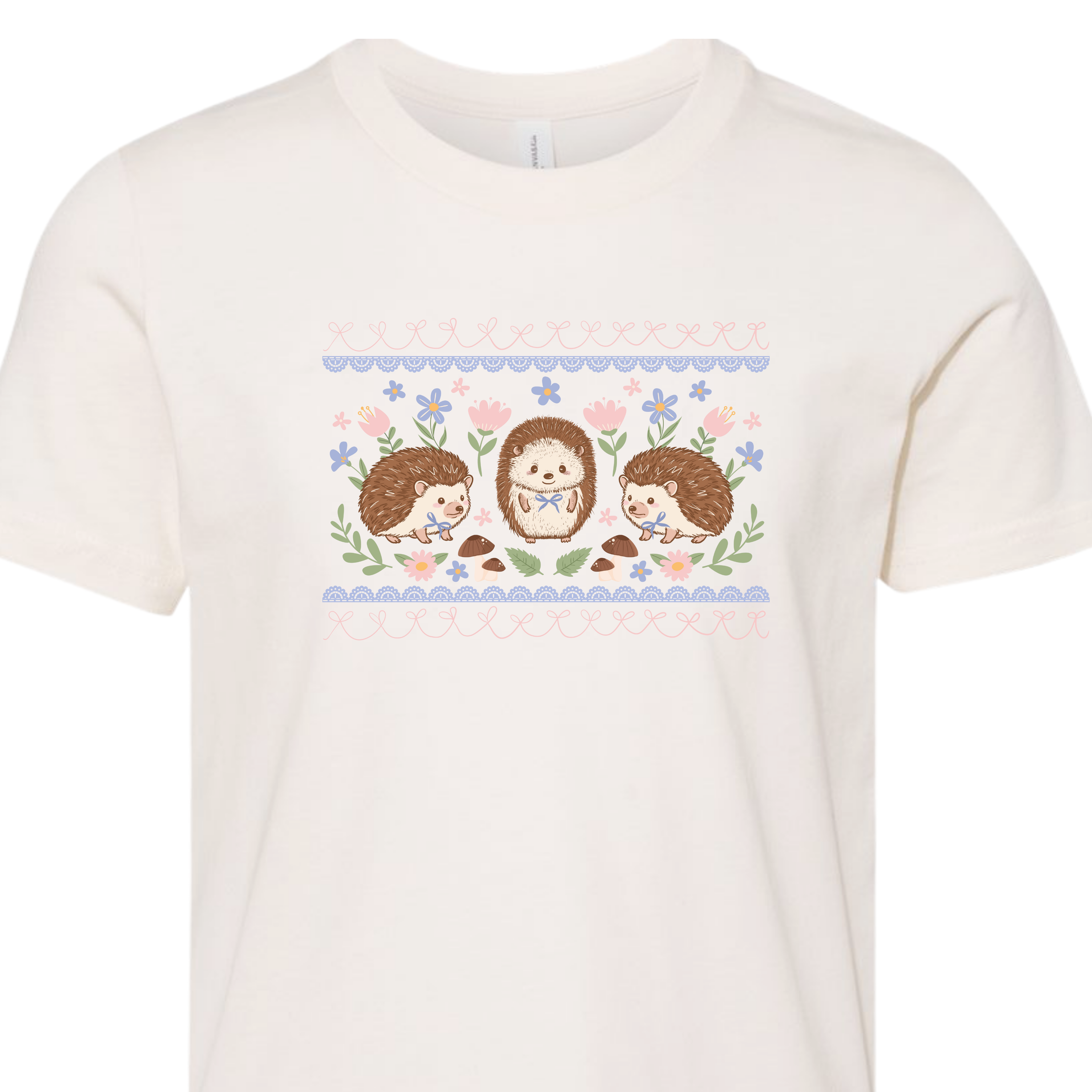 White youth t-shirt with hedgehog design on a white background