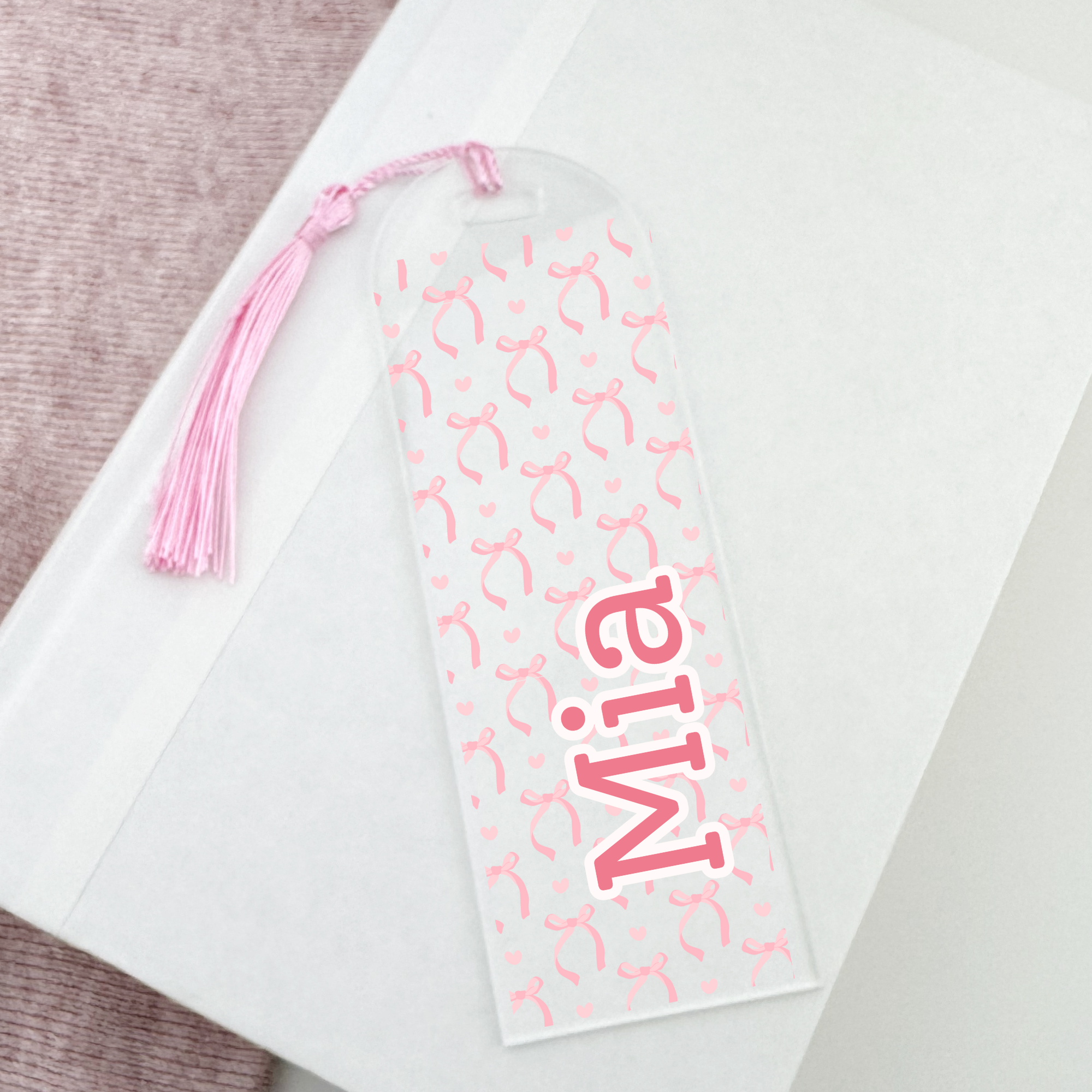 Personalized bookmark with pink bows and tassel