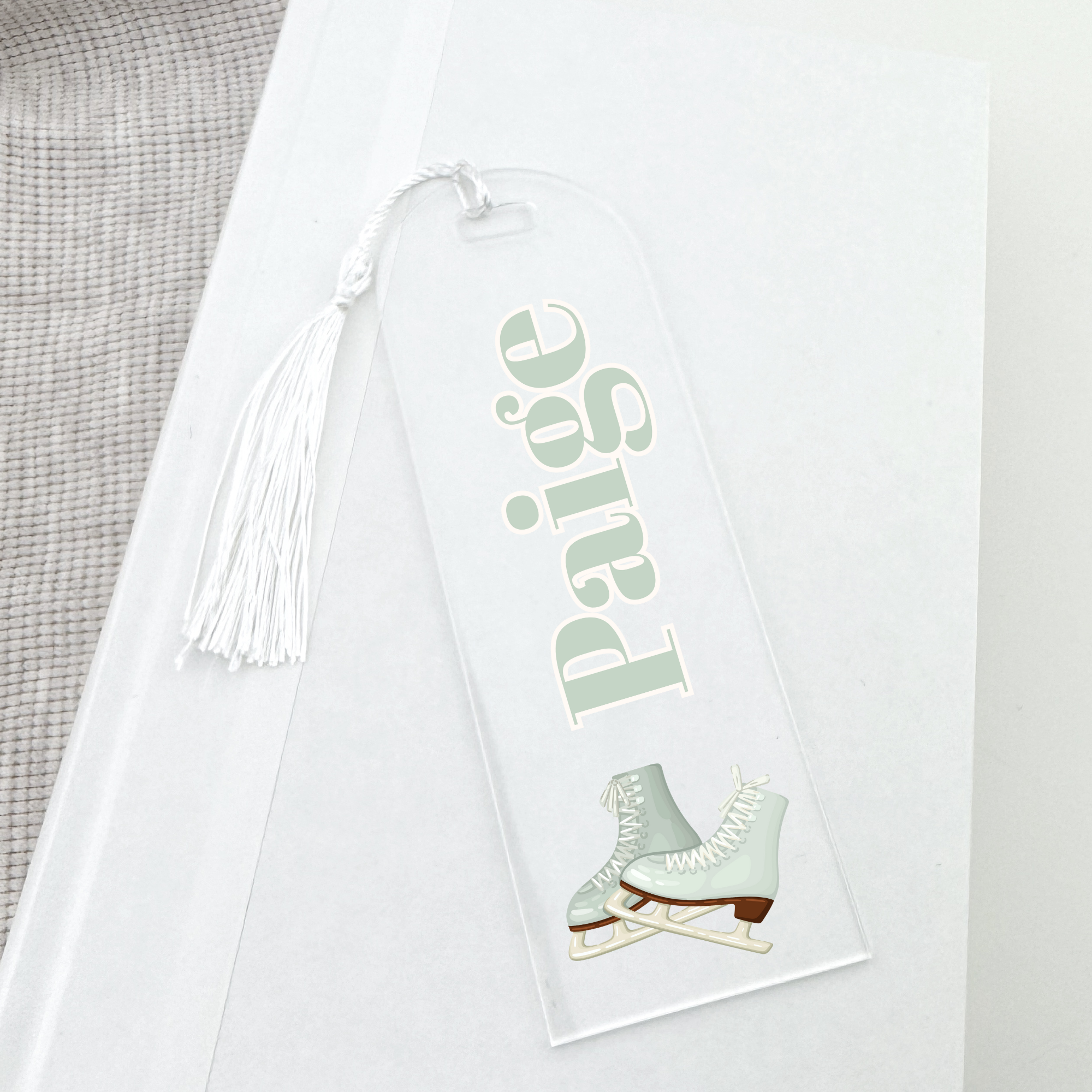 Personalized Bookmark with ice skate design on a white background