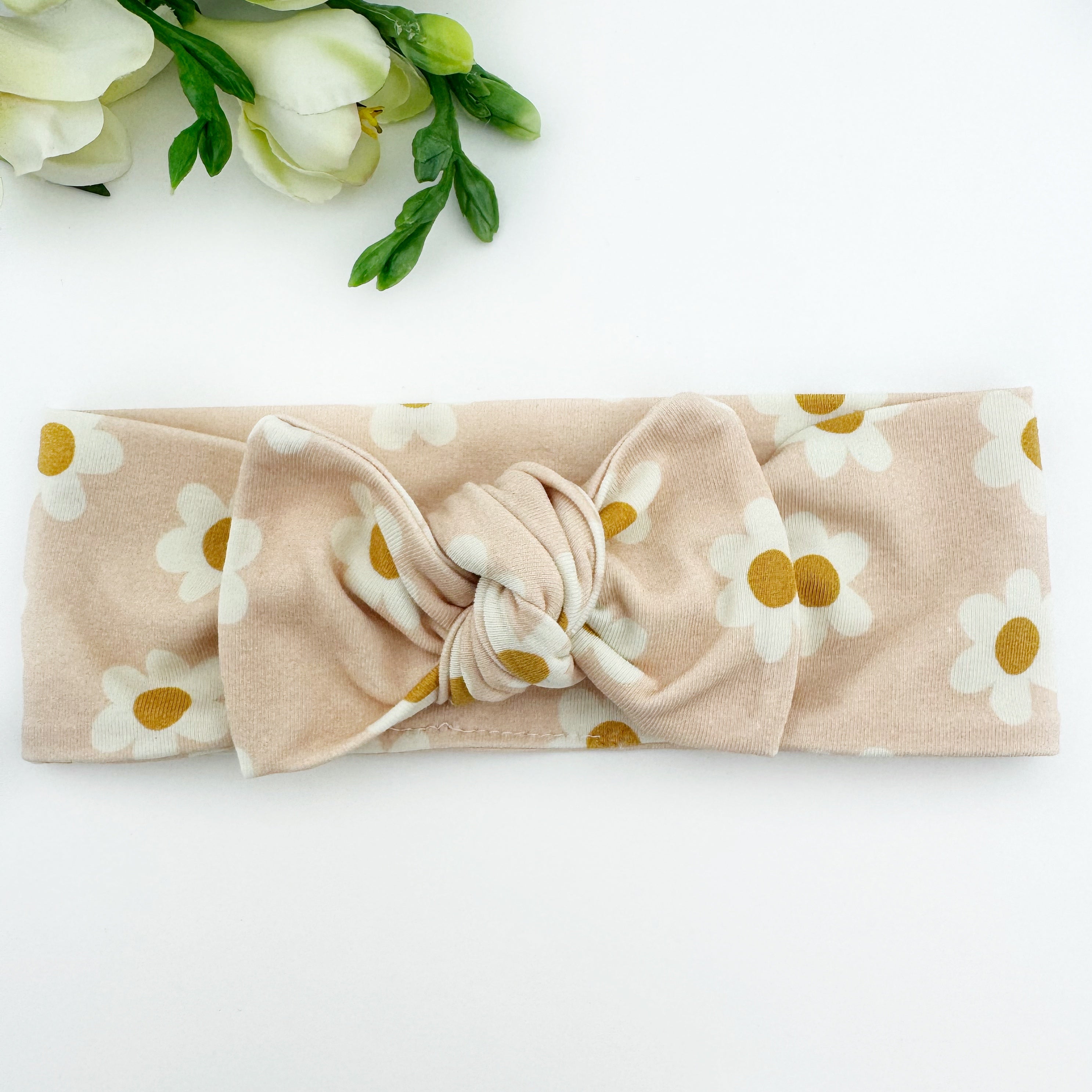 Top Knot Headband - Daisies on Peach - NEWBORN TO ADULT