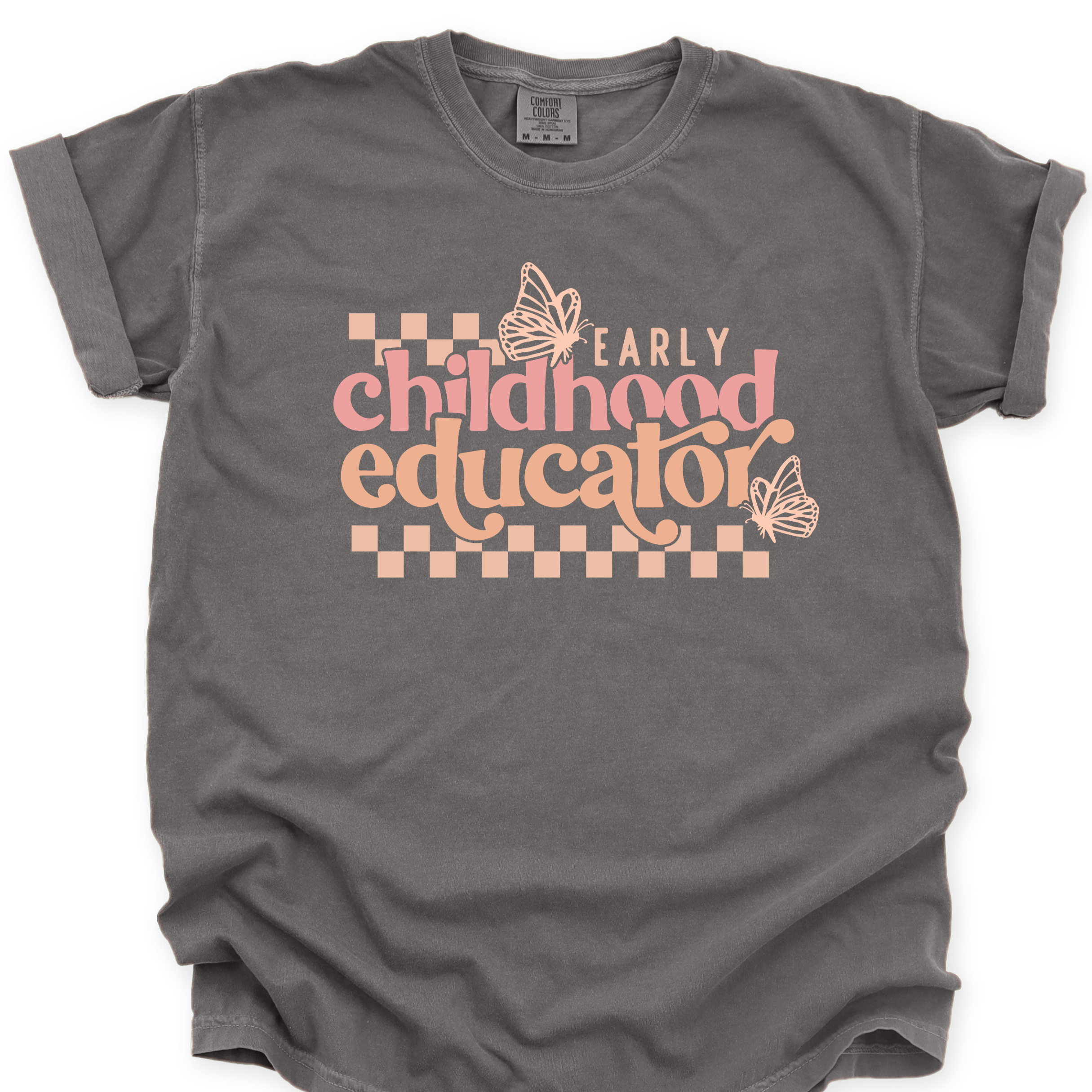 Gray t-shirt with 'Early Childhood Educator' text and butterfly graphics on a white background