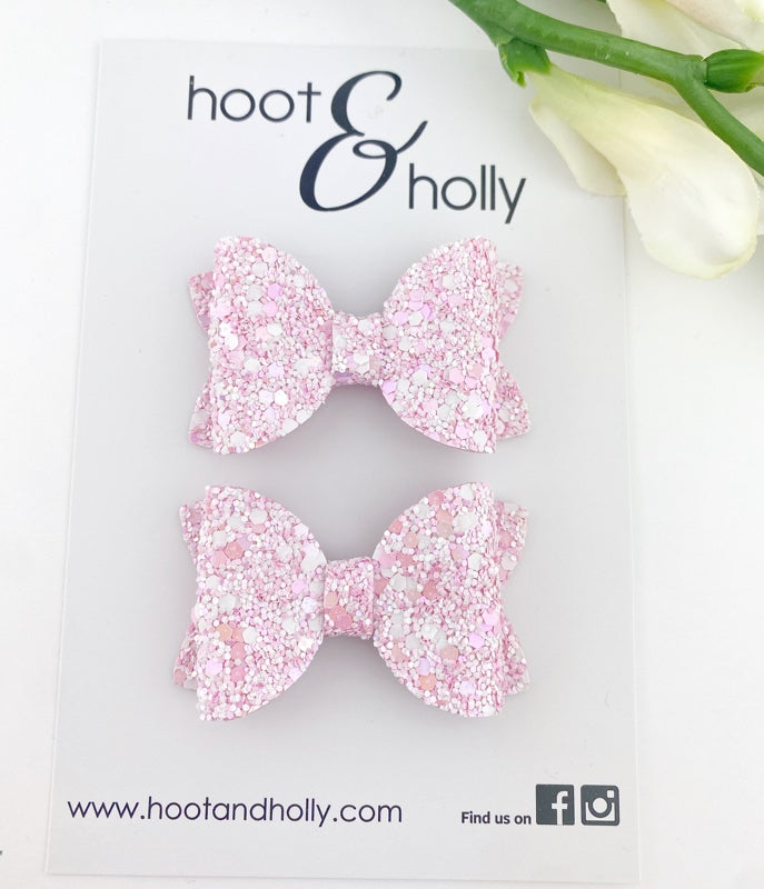 Aspen Bow - Pigtail Set -  Perfect Pink Glitter