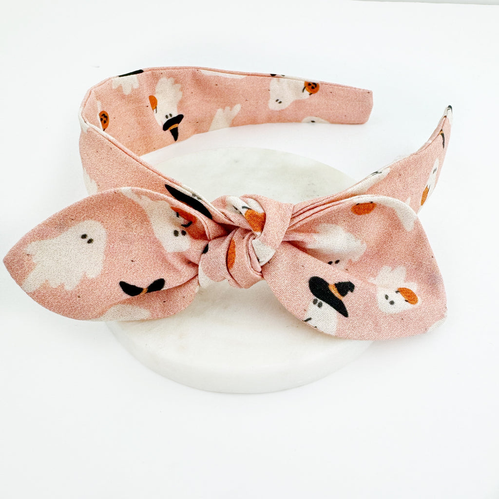 Knot Bow Headband - Ghosts on Pink