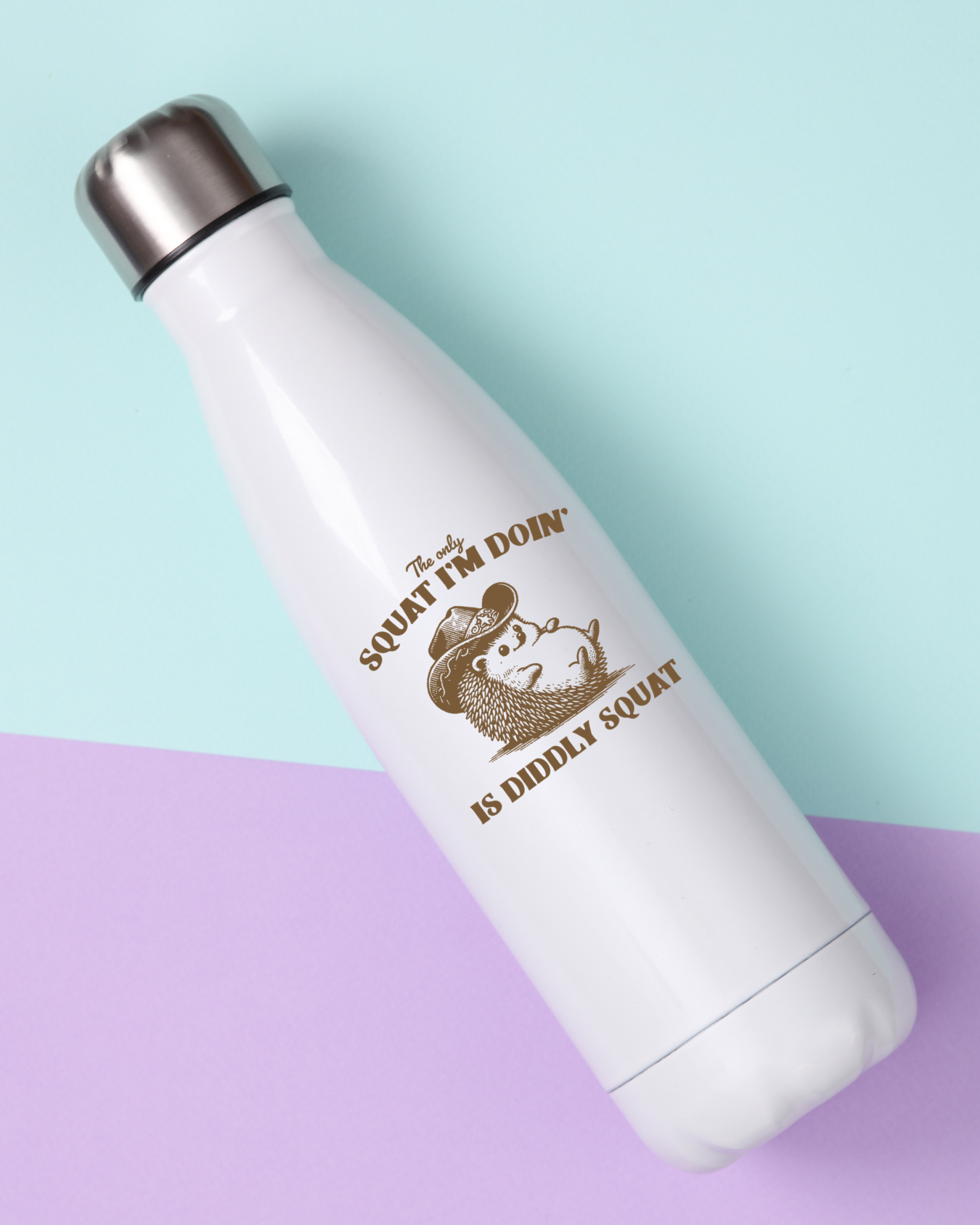 Sticker with a hedgehog wearing a cowboy hat and humorous text. The only squat I'm doing is diddly squat.