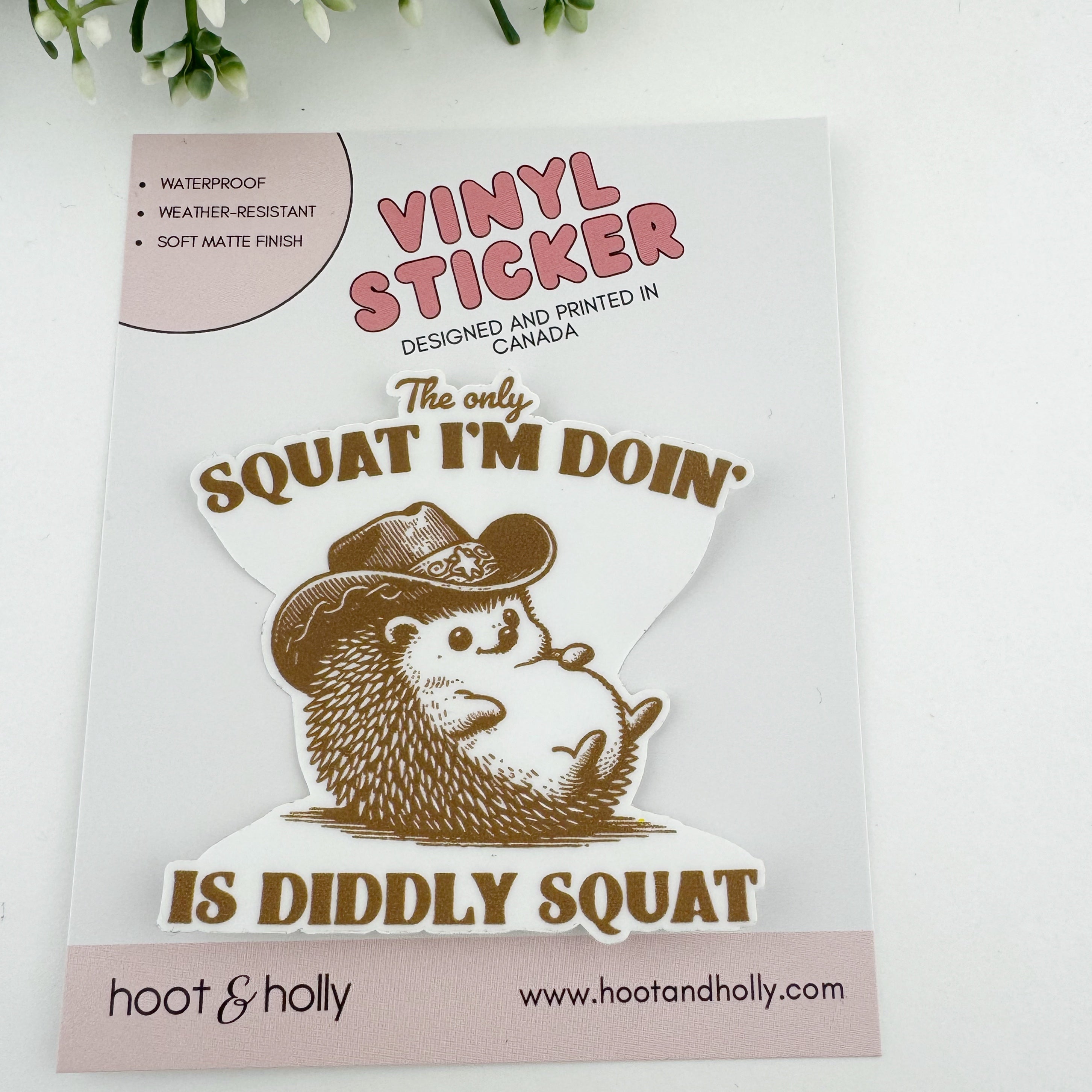 Sticker with a hedgehog wearing a cowboy hat and humorous text. The only squat I'm doing is diddly squat.
