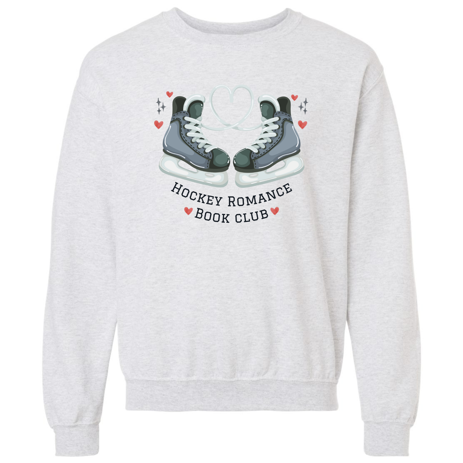 Gray sweatshirt with hockey skates and 'Hockey Romance Book Club' text on a white background