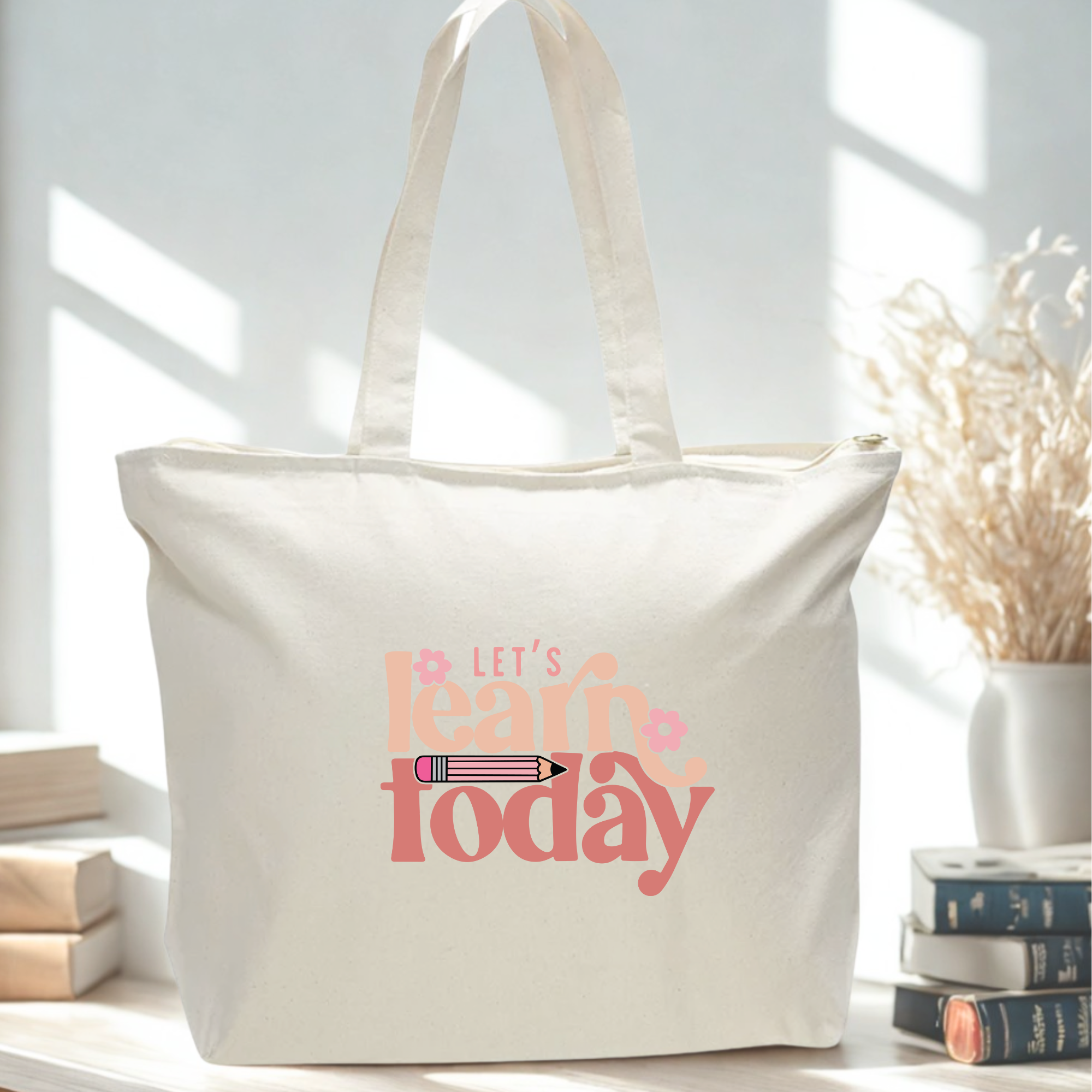 Beige oversized tote bag with 'Let's Learn Today' text 