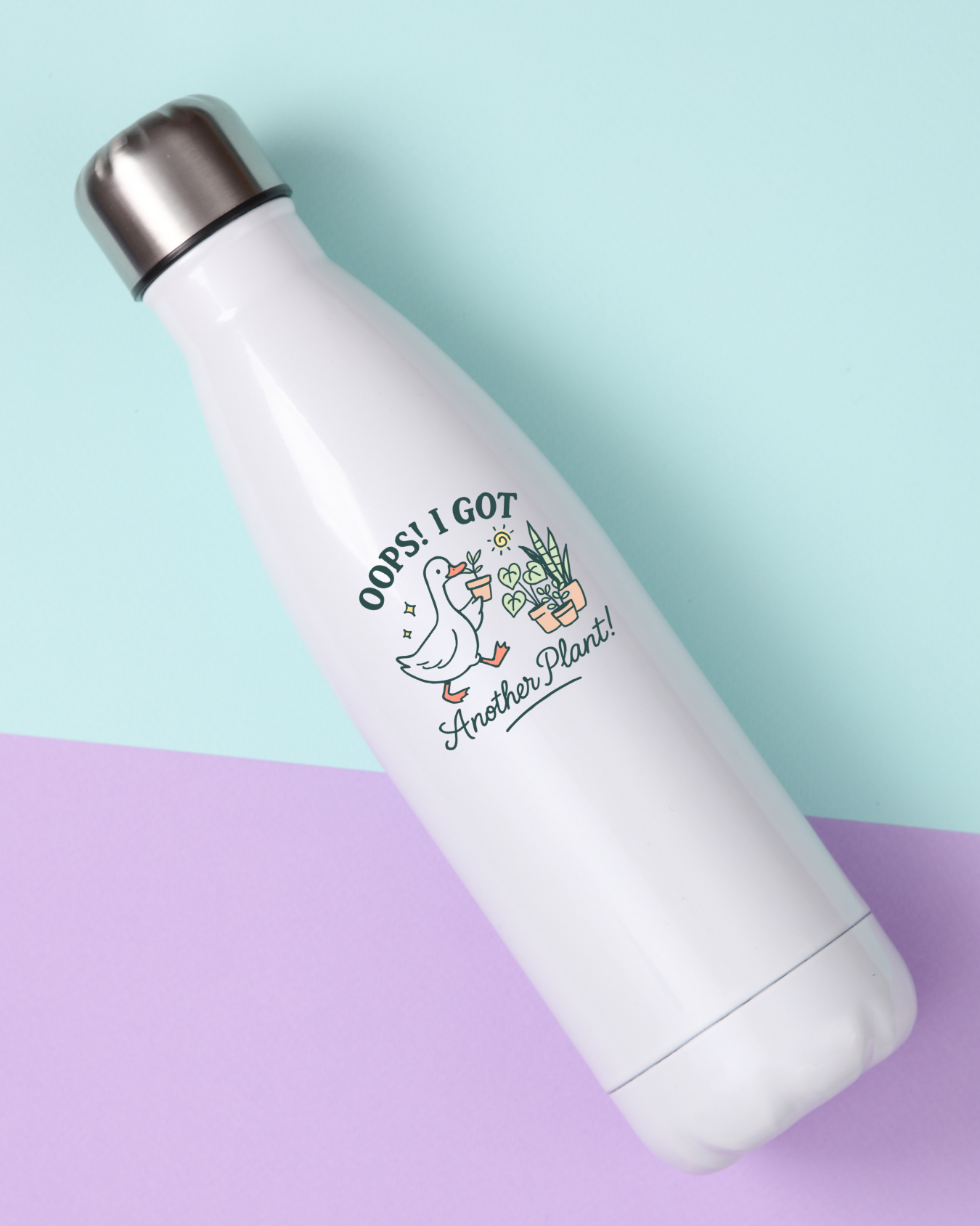 Sticker with a duck holding a plant and text 'Oops! I got another plant!' on water bottle.