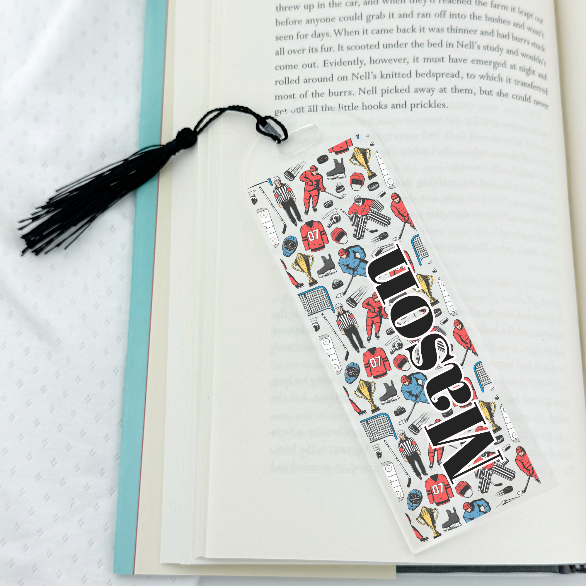 Personalized Bookmark with hockey design 