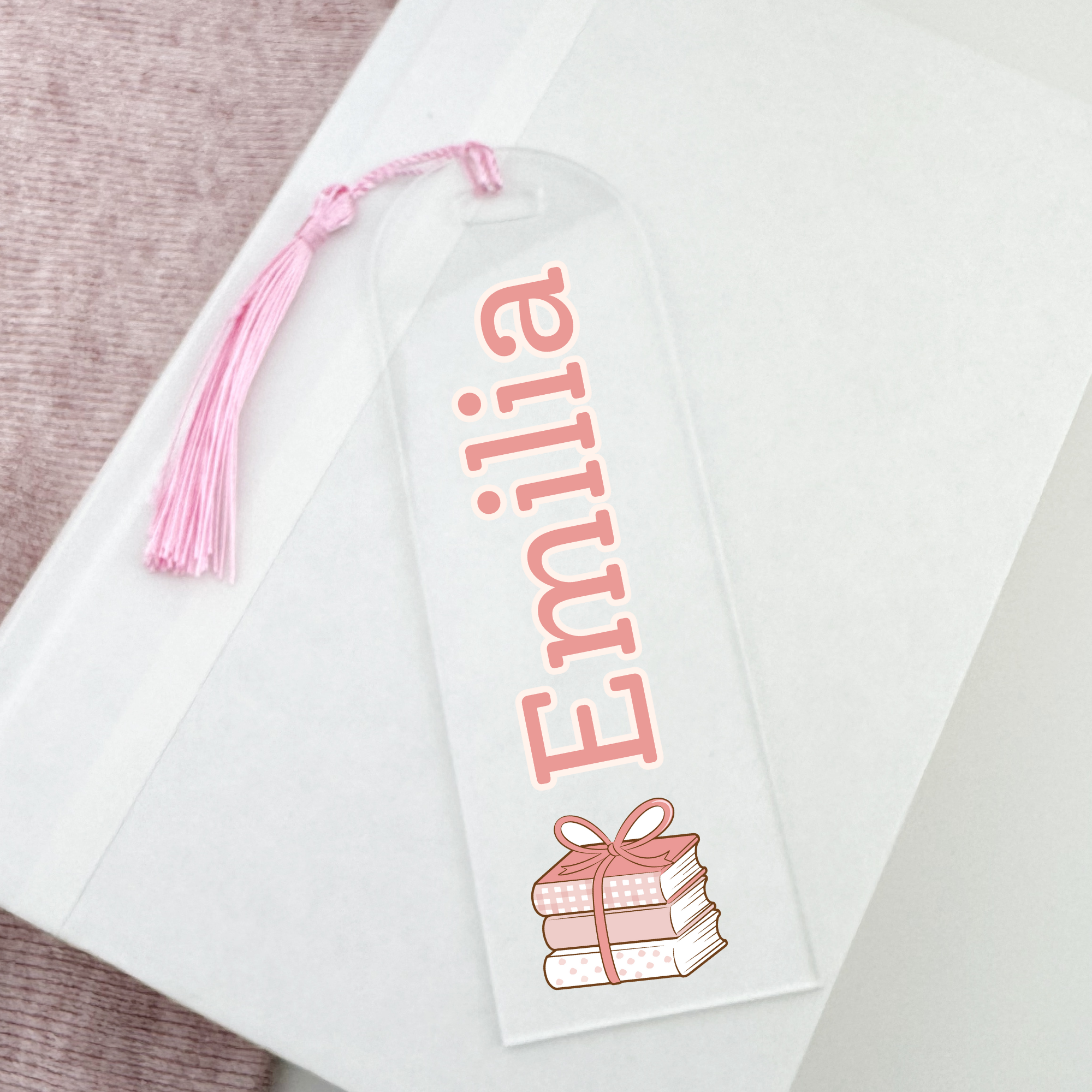 Personalized bookmark with pink book design  tassel 