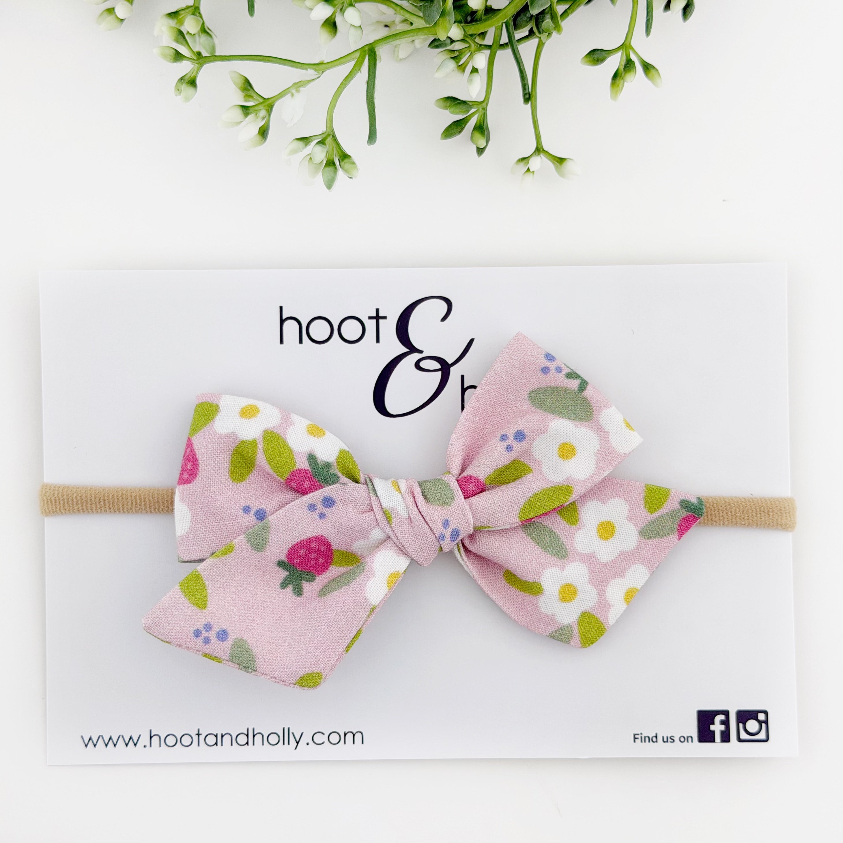 Strawberry Floral Hair bow on nylon headband for baby.
