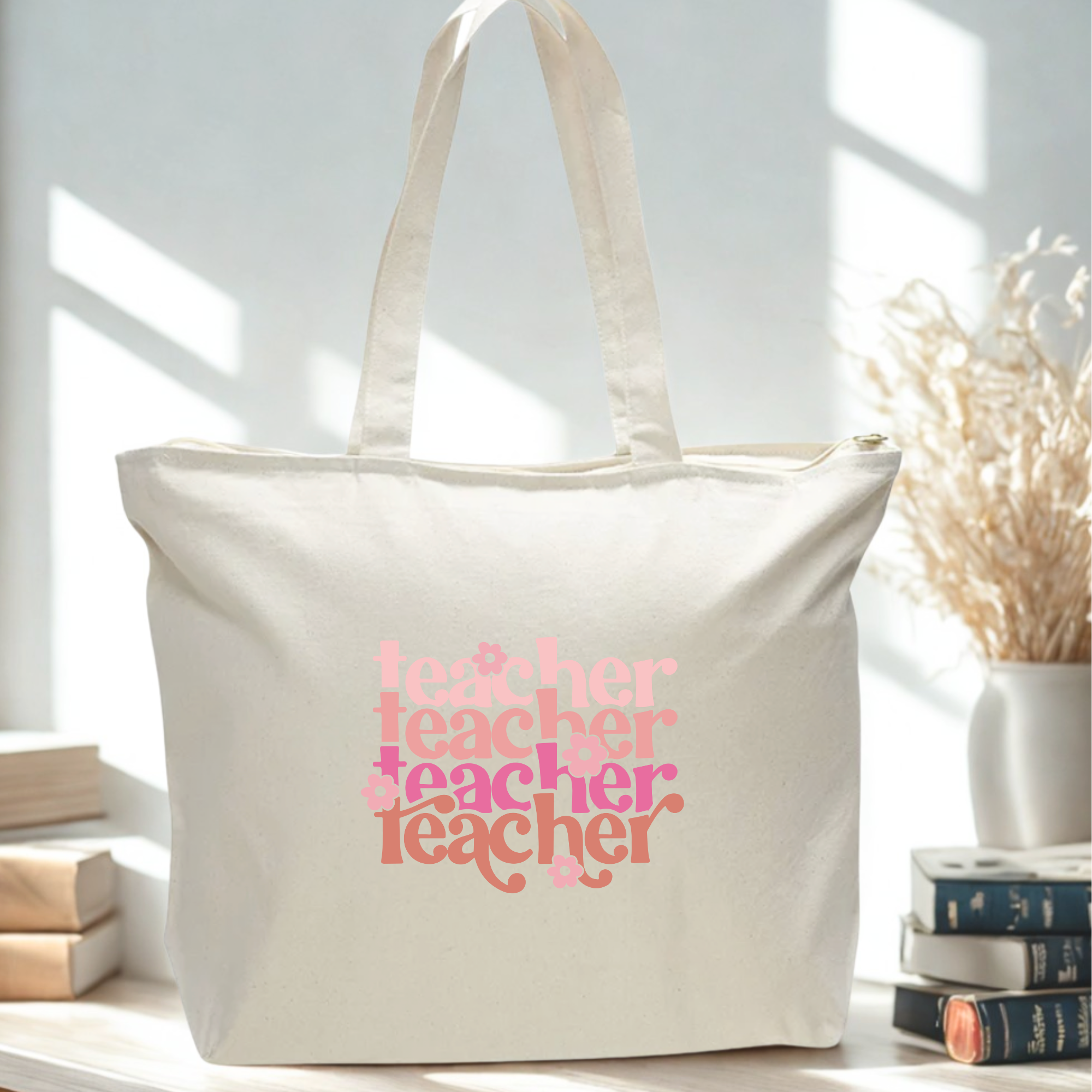Beige oversized tote bag with 'teacher' text