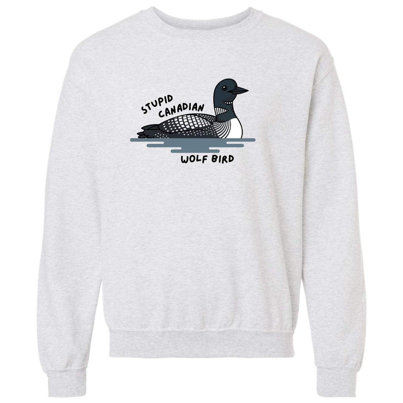 White sweatshirt with a graphic of a bird and text on a white background